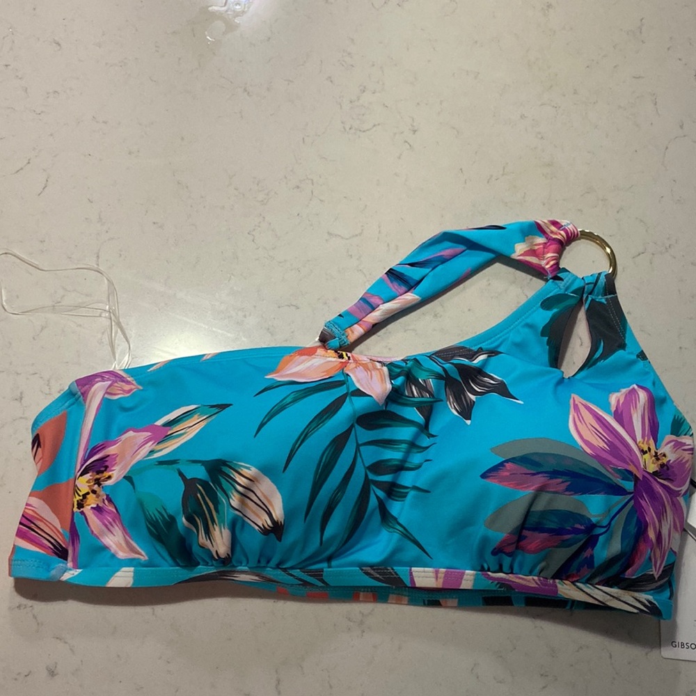 NWT Gibson Latimer Aqua and Orange tropical one shoulder bikini Top size XL